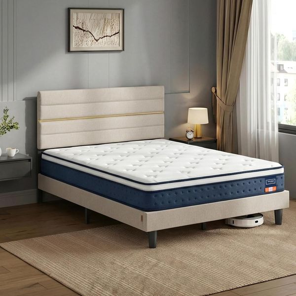 7-Zonen Gel-Memory-Schaum Doppelbett mit verstellbarem gepolstertem Kopfteil, mittelfeste Matratze 160 x 200 x 20 cm in Blau-Cappuccinobeige