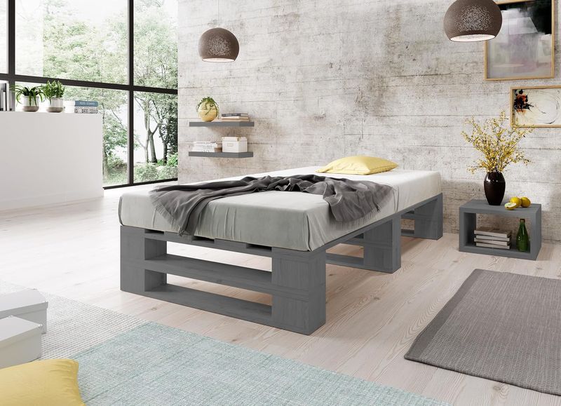 Erhohtes graues Holzpalettenbett mit Lattenrost in Komforthohe, vielseitiges Einzelbett fur Kinder, Jugendliche, Senioren und Gaste 90 x 200 cm