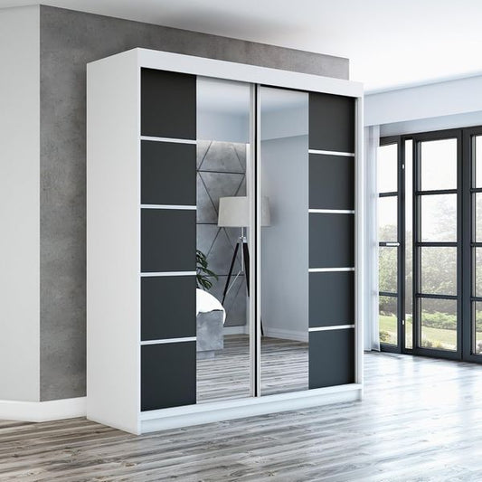 Zweituriger Schwebetur-Kleiderschrank mit Spiegel, moderner Garderobenschrank in Weiss-Schwarz Kombination 160 cm