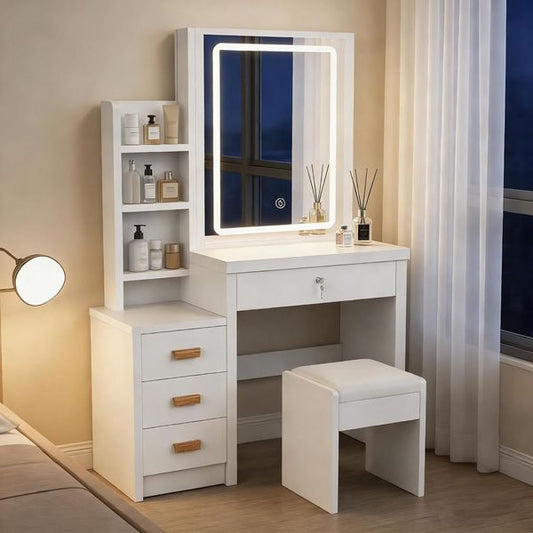 Weisses Kosmetiktisch-Set mit LED-Spiegel und Hocker, Frisierkommode mit vier Schubladen 135 x 80 x 36 cm
