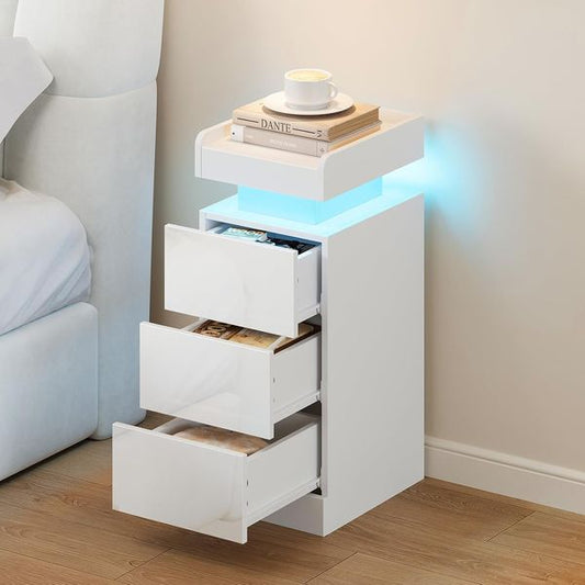 Schmaler moderner Nachttisch mit drei Schubladen und individueller RGB-LED-Beleuchtung fur Schlafzimmer