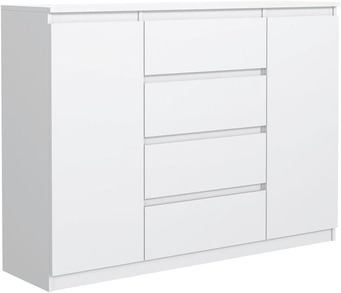 Weisses Aufbewahrungsmobel mit vier Schubladen und zwei Schrankturen, moderne Kommode 120 cm Breite