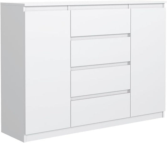 Weisses Aufbewahrungsmobel mit vier Schubladen und zwei Schrankturen, moderne Kommode 120 cm Breite
