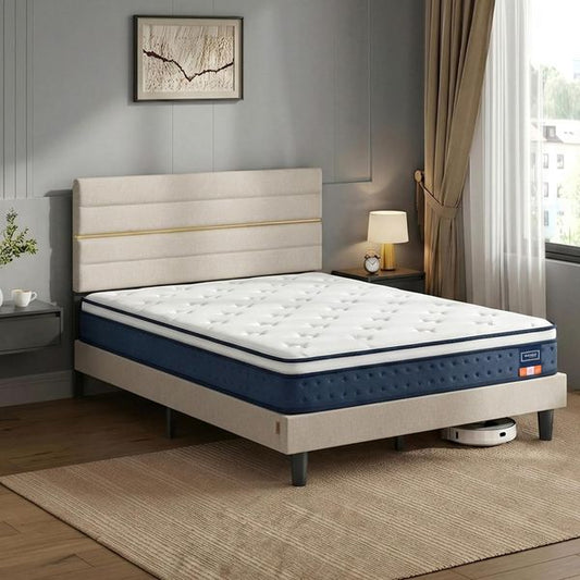 7-Zonen Gel-Memory-Schaum Doppelbett mit verstellbarem gepolstertem Kopfteil, mittelfeste Matratze 160 x 200 x 20 cm in Blau-Cappuccinobeige