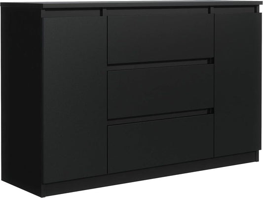 Schwarze moderne Kommode mit drei Schubladen und zwei Schrankturen, praktisches Aufbewahrungsmobel 120 cm
