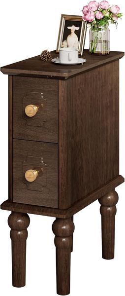 Schmaler walnussfarbener Massivholzbeistelltisch mit Schublade, platzsparendes Mobel fur kleine Wohn und Schlafbereiche (20 cm Breite)